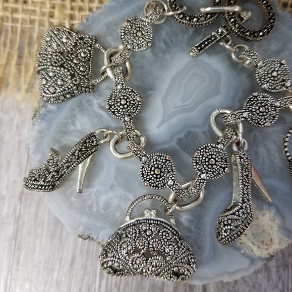 Marcassite Purse & Shoes Charm Bracelet - Picture 3 of 7